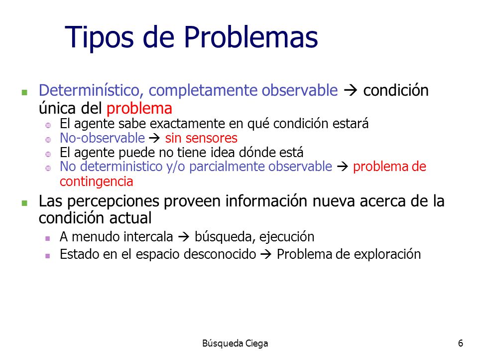 Tipos de Problemas Determinístico, completamente observable  condición única del problema. El agente sabe exactamente en qué condición estará.