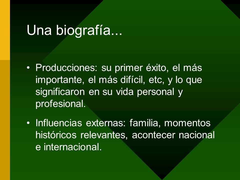 Una biografía... Producciones: su primer éxito, el más importante, el más difícil, etc, y lo que significaron en su vida personal y profesional.