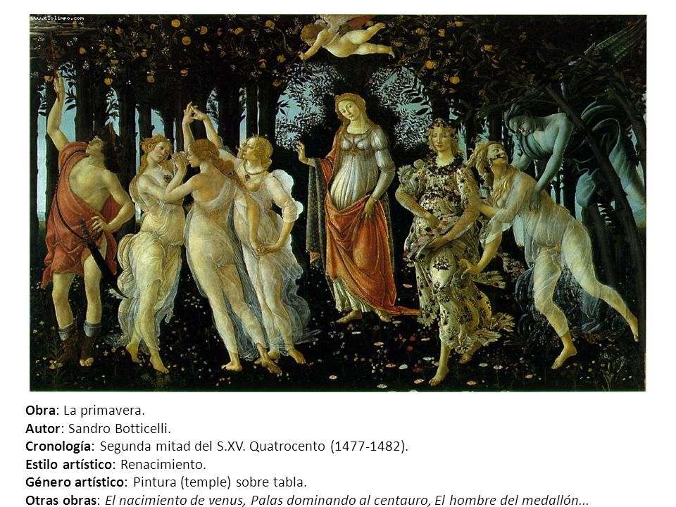 Obra: La primavera. Autor: Sandro Botticelli. Cronología: Segunda mitad del S.XV. Quatrocento ( ).