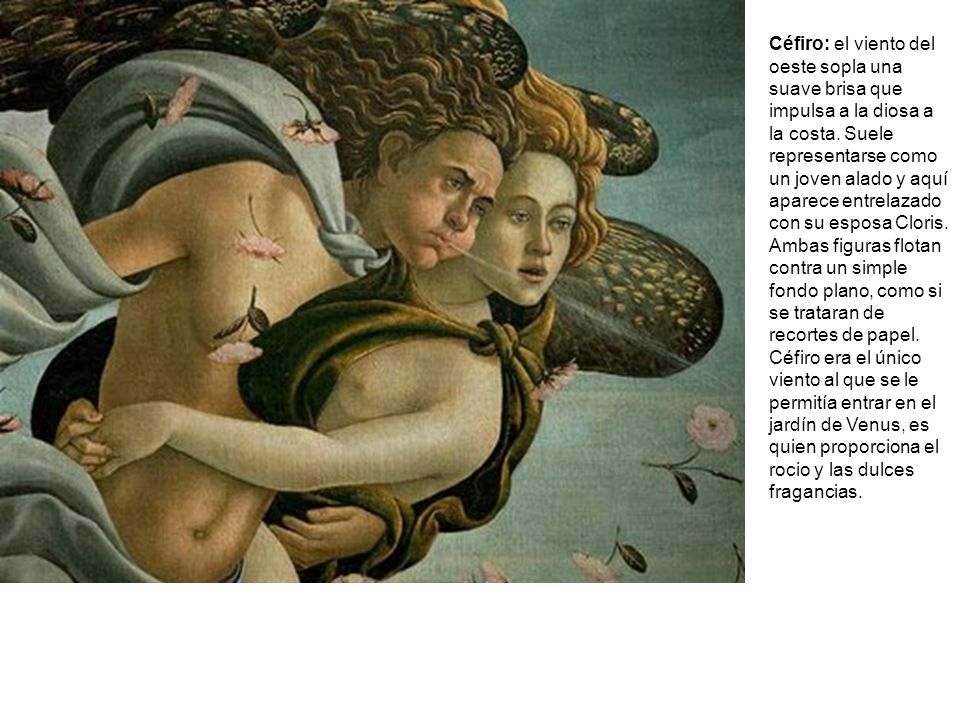 Céfiro: el viento del oeste sopla una suave brisa que impulsa a la diosa a la costa.