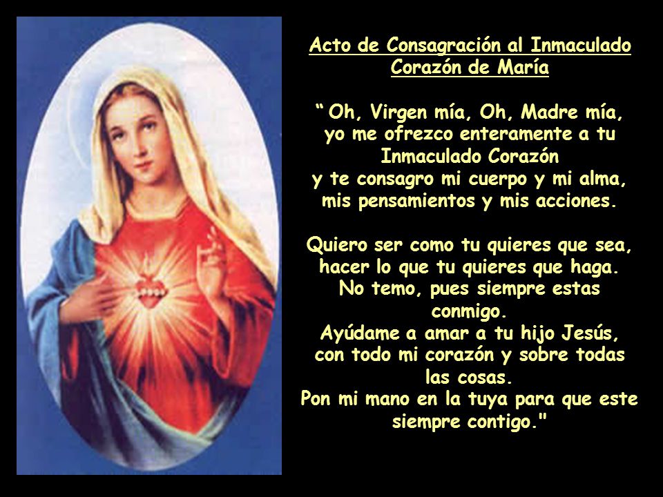 Acto de Consagración al Inmaculado Corazón de María Oh, Virgen mía, Oh, Madre mía, yo me ofrezco enteramente a tu Inmaculado Corazón y te consagro mi cuerpo y mi alma, mis pensamientos y mis acciones.