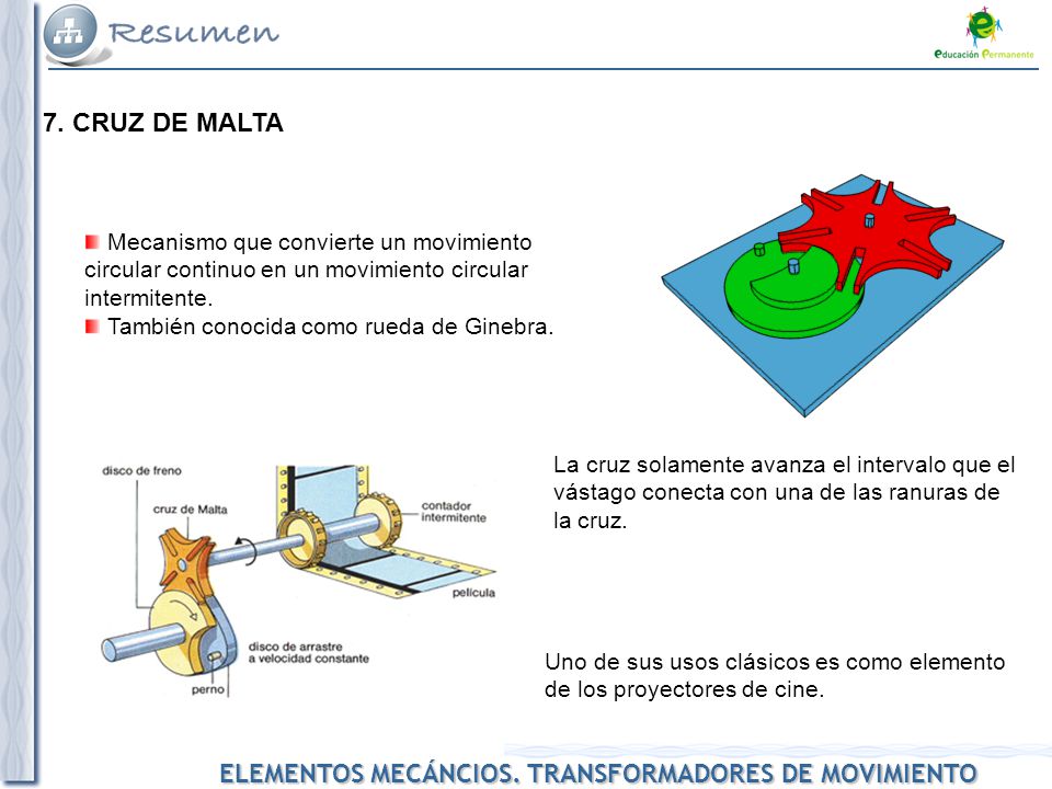 7. CRUZ DE MALTA Mecanismo que convierte un movimiento circular continuo en un movimiento circular intermitente.