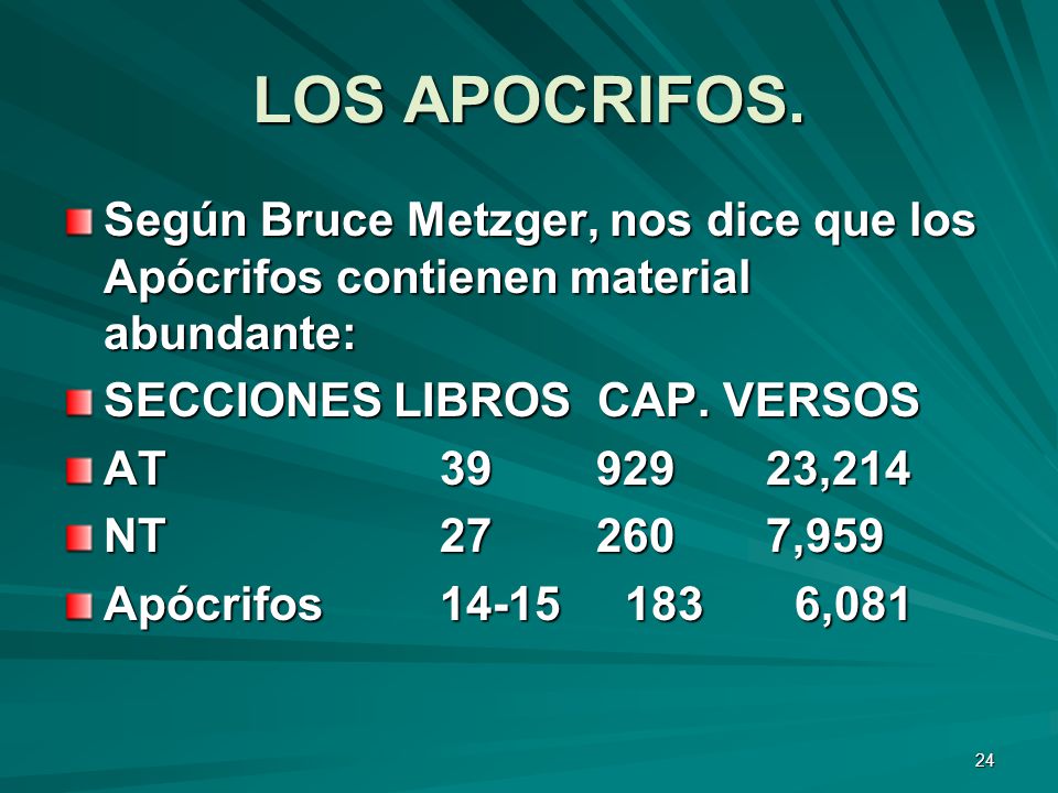 LOS APOCRIFOS. Según Bruce Metzger, nos dice que los Apócrifos contienen material abundante: SECCIONES LIBROS CAP. VERSOS.