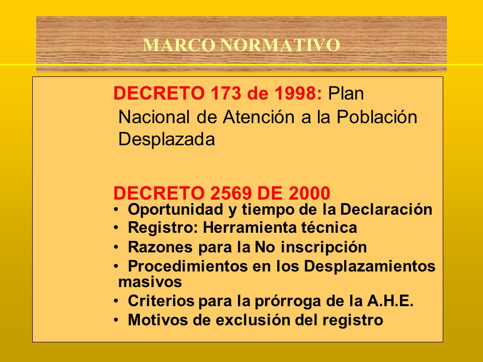MARCO NORMATIVO DECRETO 173 de 1998: Plan Nacional de Atención a la Población Desplazada. DECRETO 2569 DE