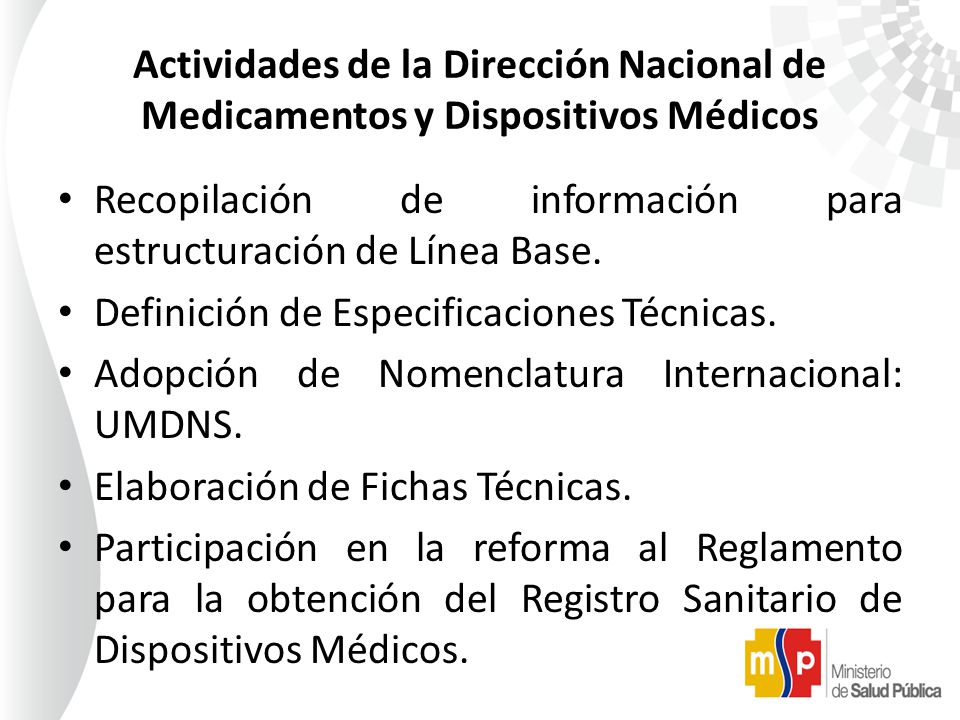 Actividades de la Dirección Nacional de Medicamentos y Dispositivos Médicos