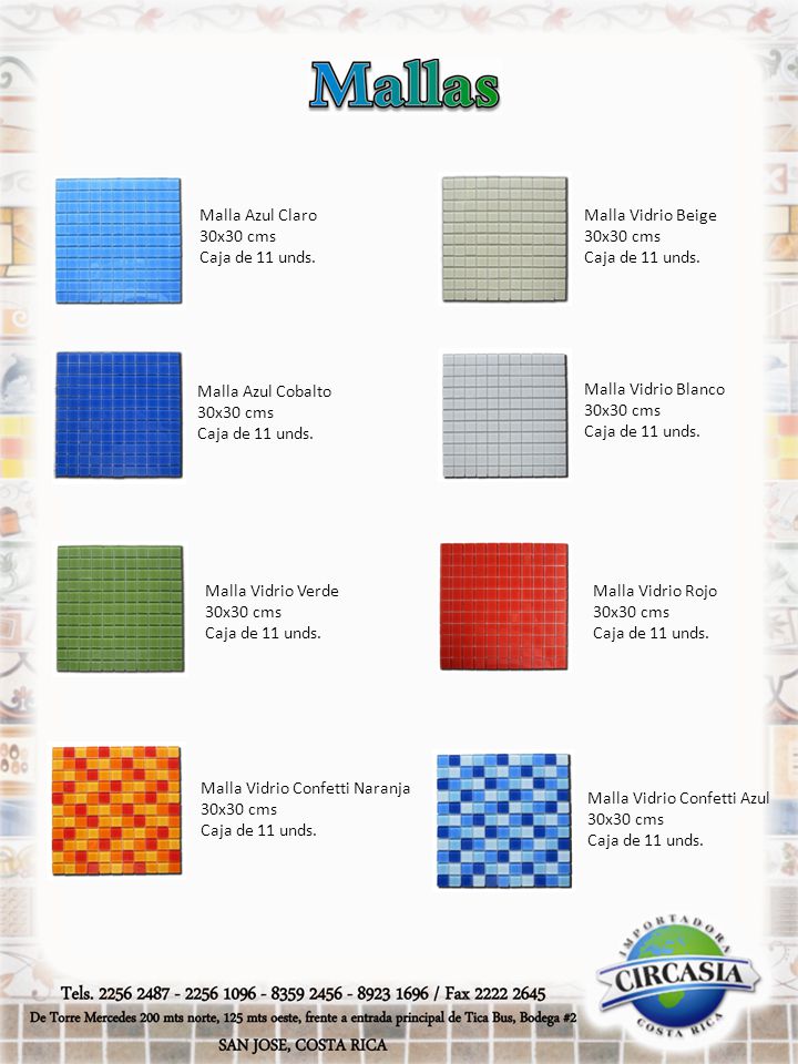 Malla Azul Claro 30x30 cms. Caja de 11 unds. Malla Vidrio Beige. 30x30 cms. Caja de 11 unds. Malla Azul Cobalto.