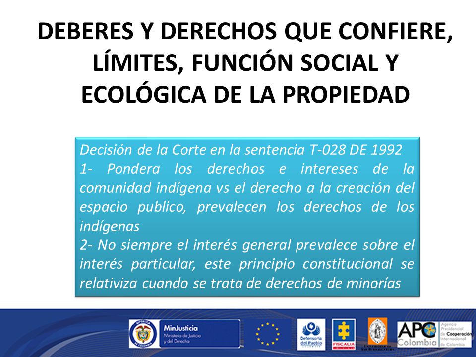 DEBERES Y DERECHOS QUE CONFIERE, LÍMITES, FUNCIÓN SOCIAL Y ECOLÓGICA DE LA PROPIEDAD