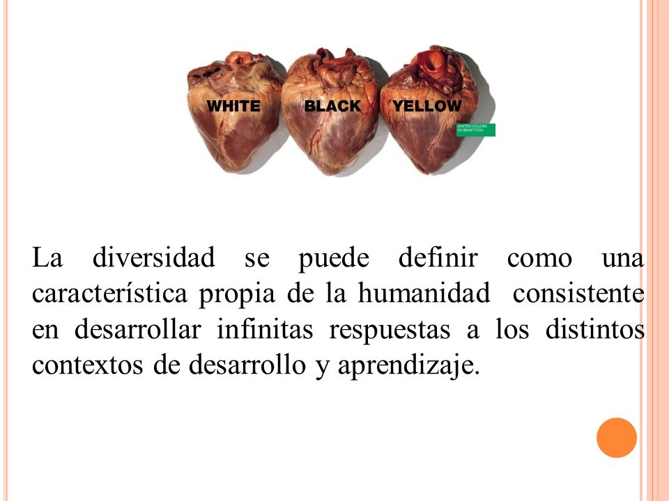 La diversidad se puede definir como una característica propia de la humanidad consistente en desarrollar infinitas respuestas a los distintos contextos de desarrollo y aprendizaje.