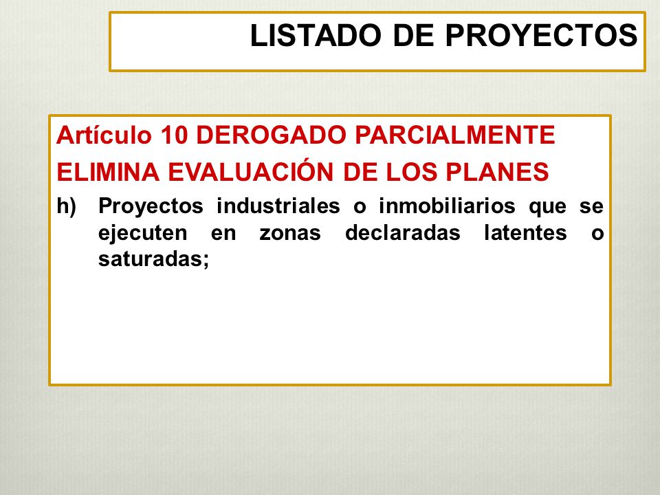 LISTADO DE PROYECTOS Artículo 10 DEROGADO PARCIALMENTE