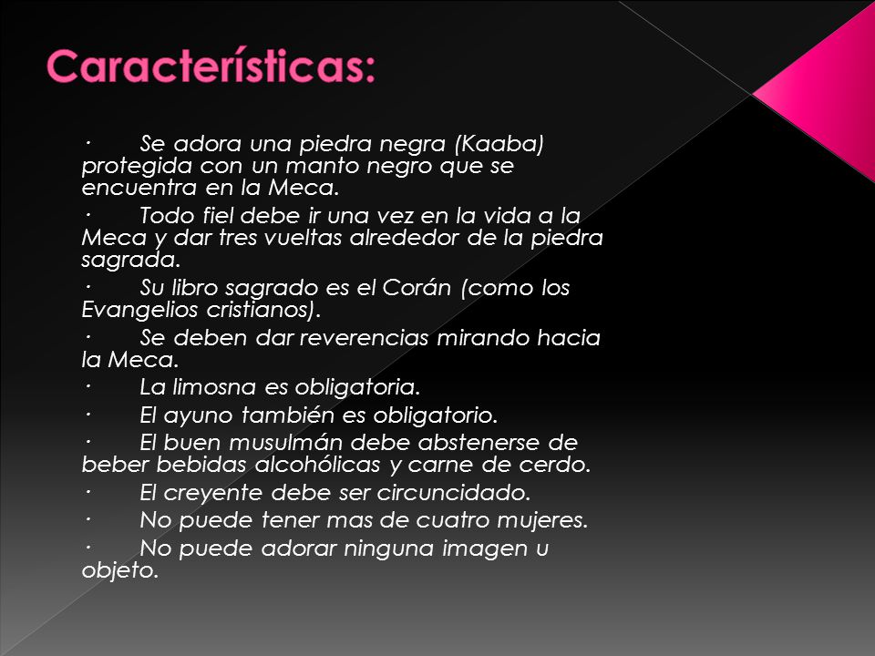 Características: · Se adora una piedra negra (Kaaba) protegida con un manto negro que se encuentra en la Meca.
