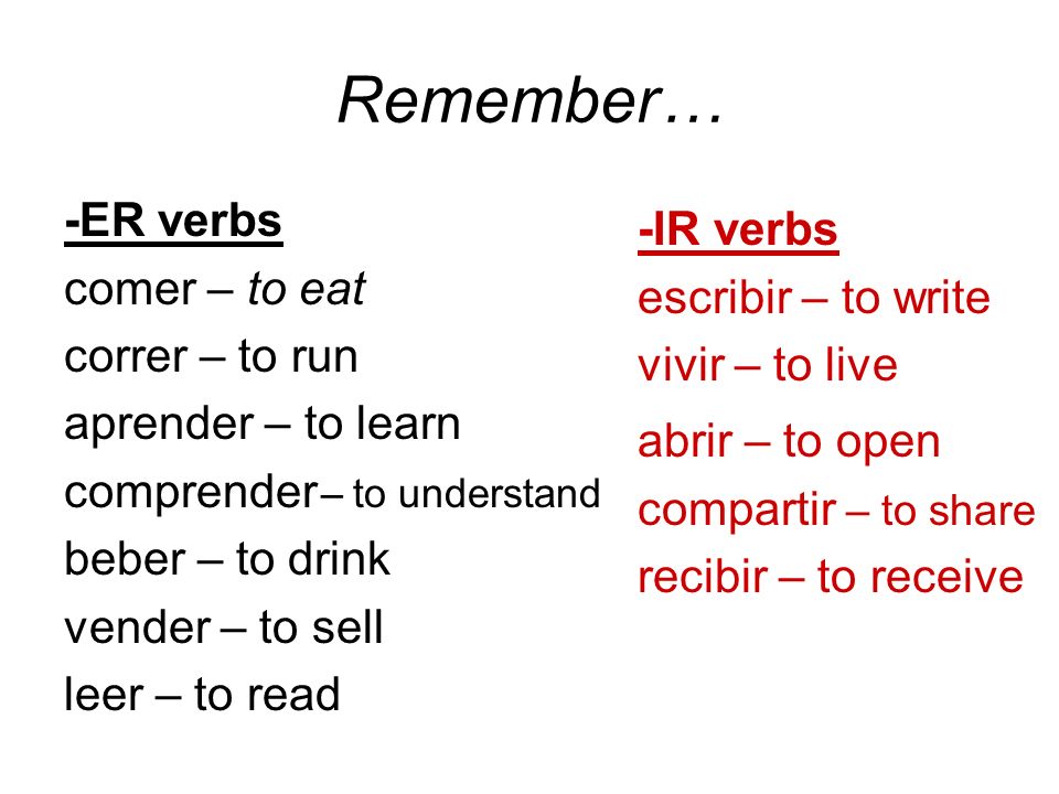 Remember… -ER verbs -IR verbs comer – to eat escribir – to write