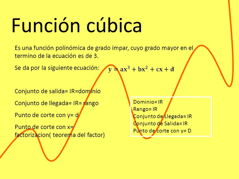 Función cúbica Es una función polinómica de grado impar, cuyo grado mayor en el termino de la ecuación es de 3.