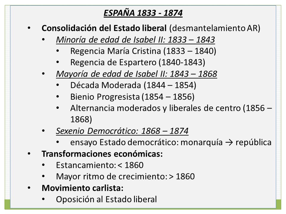 ESPAÑA Consolidación del Estado liberal (desmantelamiento AR) Minoría de edad de Isabel II: 1833 –
