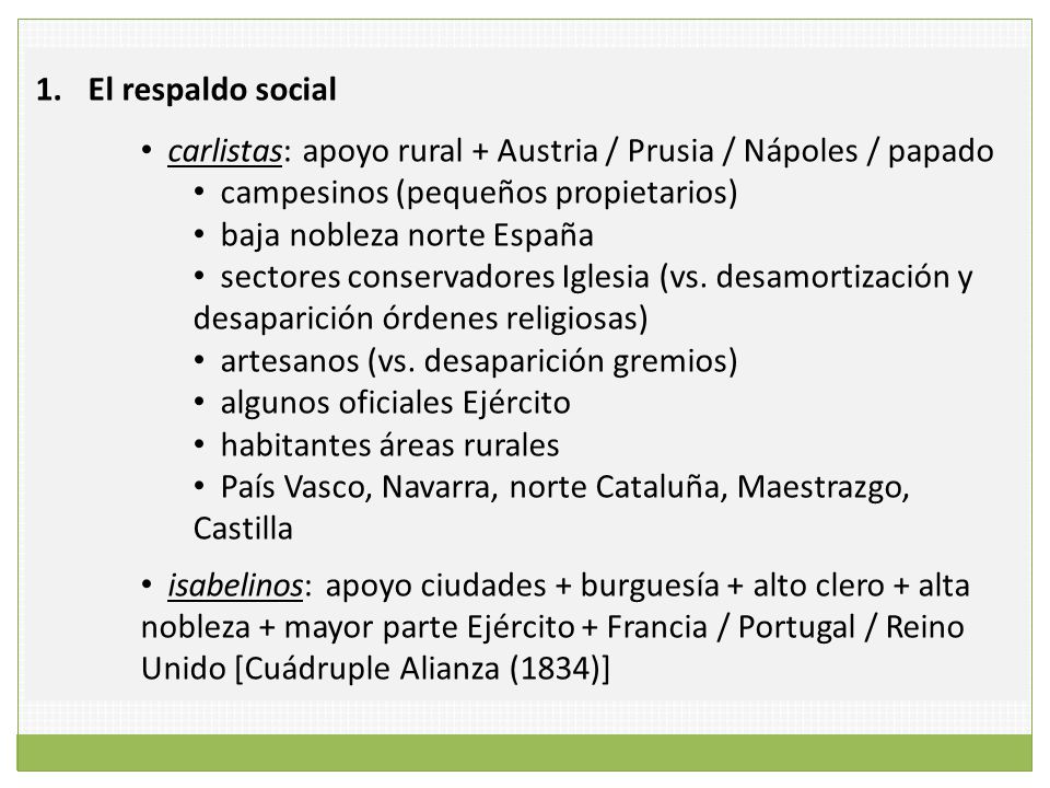 El respaldo social carlistas: apoyo rural + Austria / Prusia / Nápoles / papado. campesinos (pequeños propietarios)