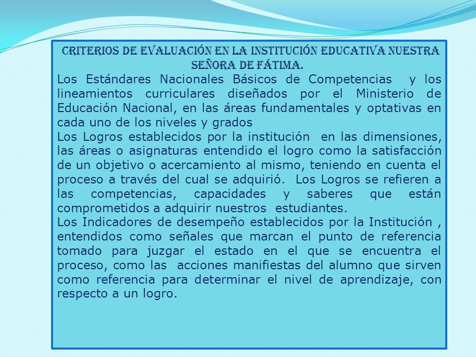 criterios de evaluación en la Institución Educativa Nuestra Señora de Fátima.