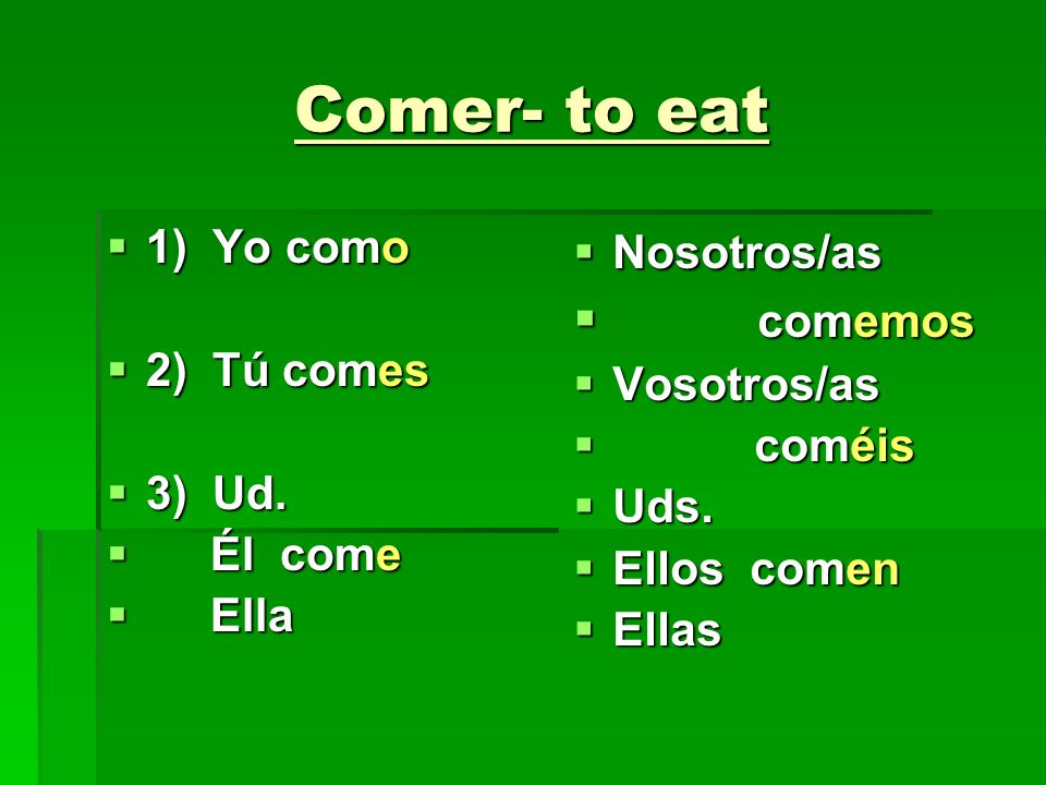 Comer- to eat comemos 1) Yo como 2) Tú comes 3) Ud. Él come Ella