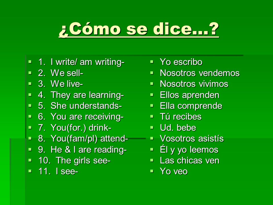 ¿Cómo se dice… 1. I write/ am writing- 2. We sell- 3. We live-