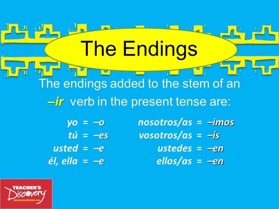 The endings added to the stem of an –ir verb in the present tense are: