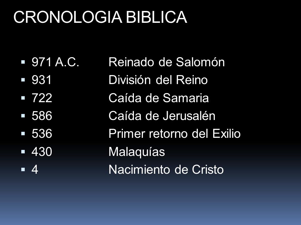 CRONOLOGIA BIBLICA 971 A.C. Reinado de Salomón 931 División del Reino