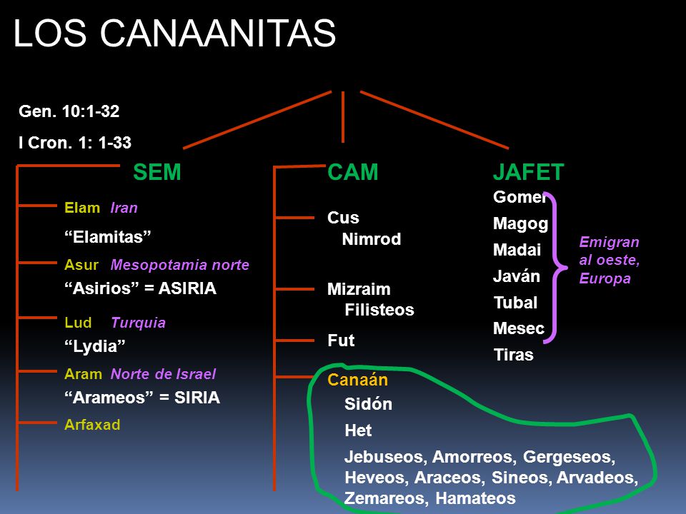 LOS CANAANITAS SEM CAM JAFET Gen. 10:1-32 I Cron. 1: 1-33 Gomer Magog