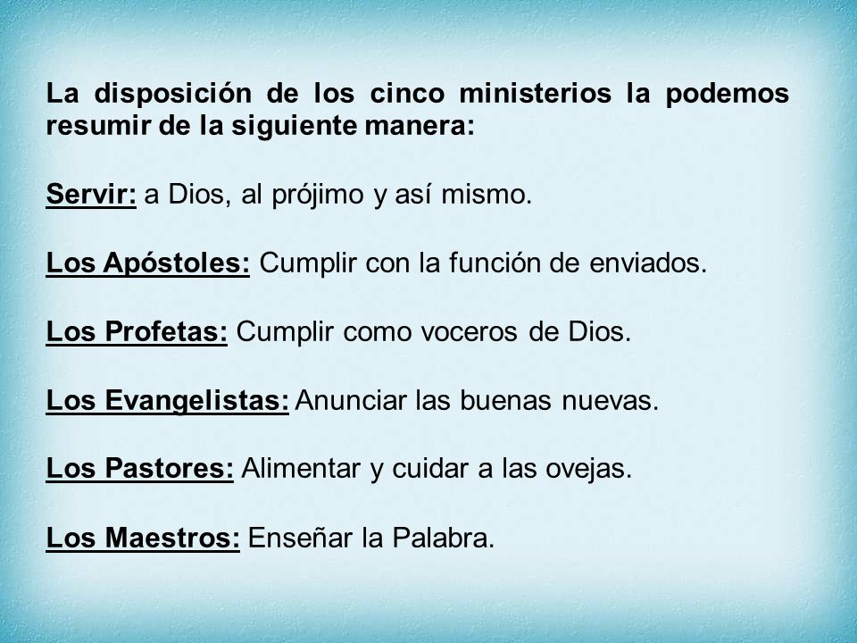 La disposición de los cinco ministerios la podemos resumir de la siguiente manera: