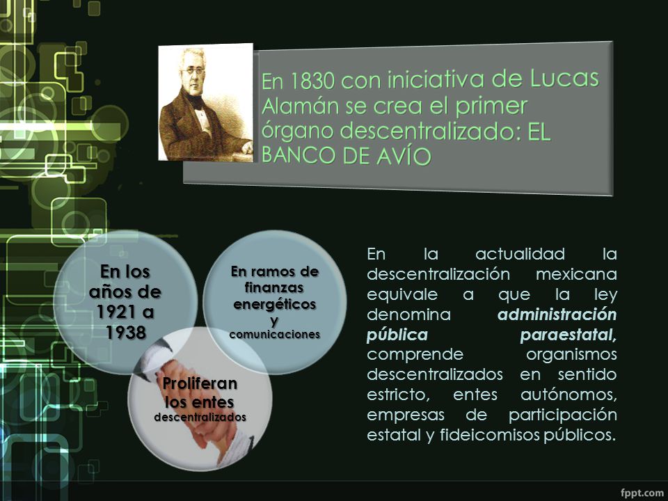 En 1830 con iniciativa de Lucas Alamán se crea el primer órgano descentralizado: EL BANCO DE AVÍO