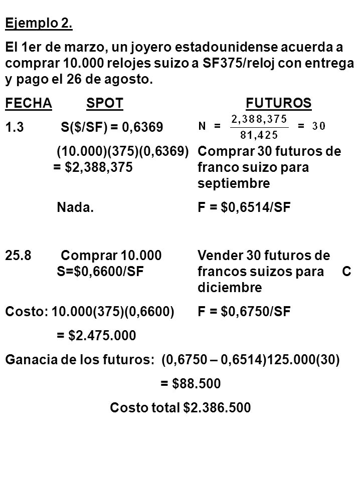 Ejemplo 2. El 1er de marzo, un joyero estadounidense acuerda a comprar relojes suizo a SF375/reloj con entrega y pago el 26 de agosto.
