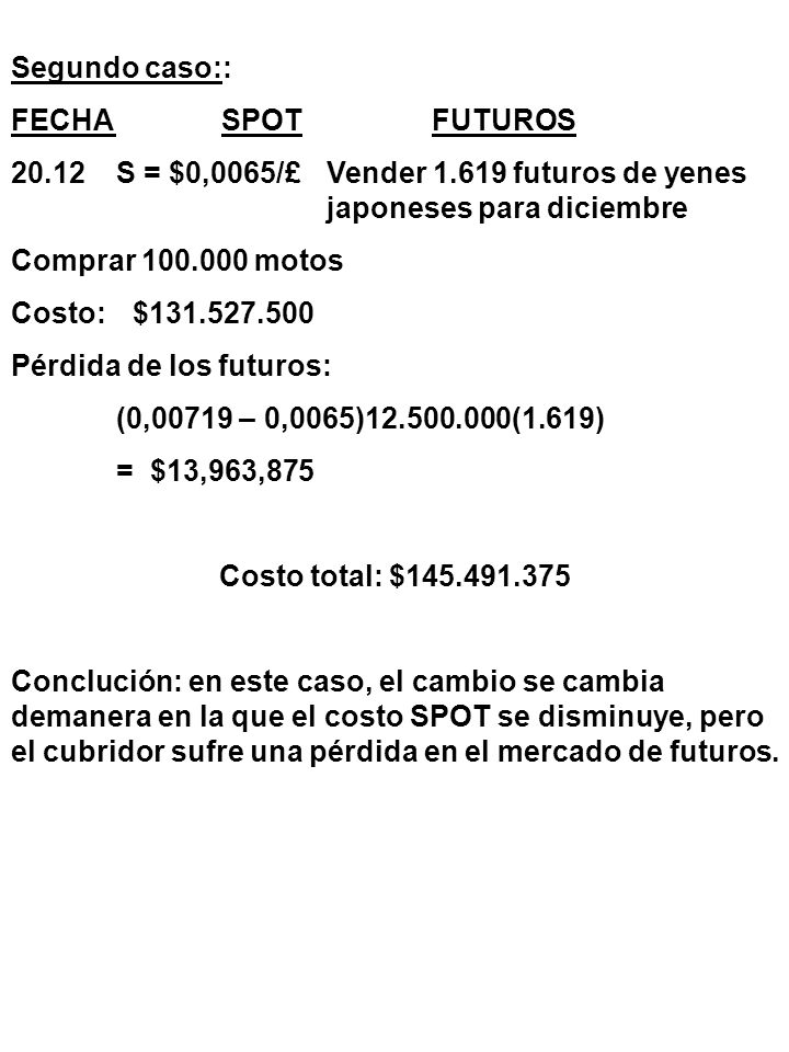 Segundo caso:: FECHA SPOT FUTUROS S = $0,0065/£ Vender futuros de yenes japoneses para diciembre.