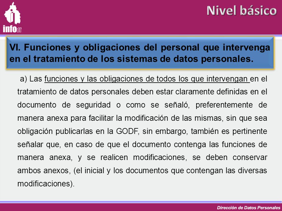 Nivel básico VI. Funciones y obligaciones del personal que intervenga en el tratamiento de los sistemas de datos personales.