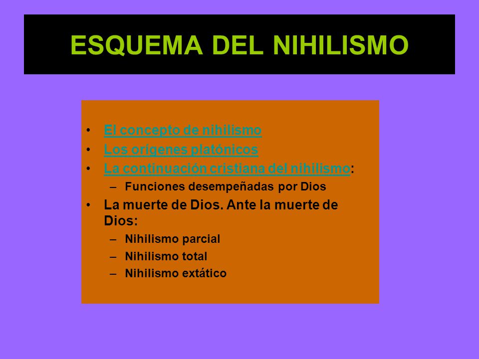 ESQUEMA DEL NIHILISMO El concepto de nihilismo Los orígenes platónicos