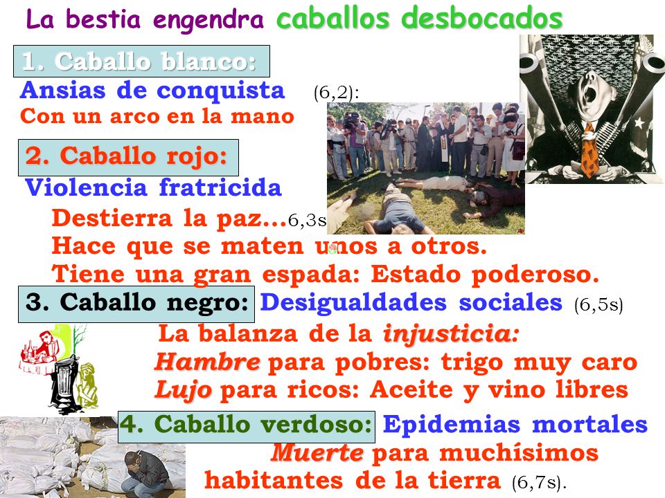 La bestia engendra caballos desbocados (6,1-8):