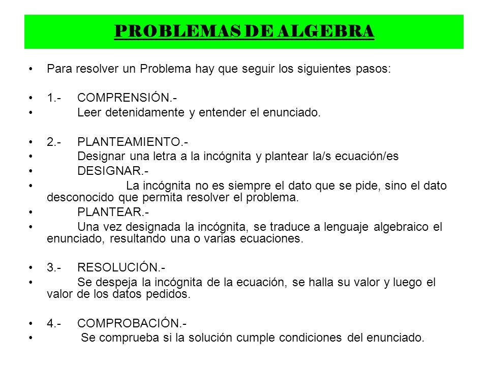PROBLEMAS DE ALGEBRA Para resolver un Problema hay que seguir los siguientes pasos: 1.- COMPRENSIÓN.-