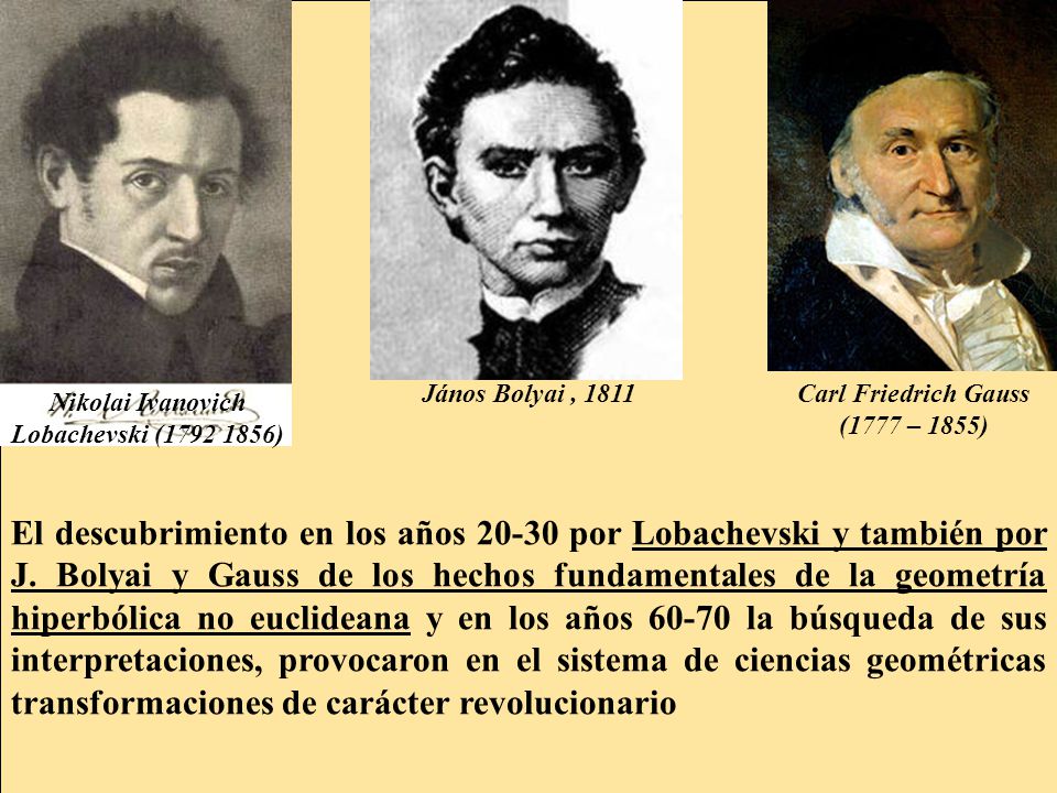 János Bolyai , 1811 Carl Friedrich Gauss (1777 – 1855) Nikolai Ivanovich Lobachevski ( )