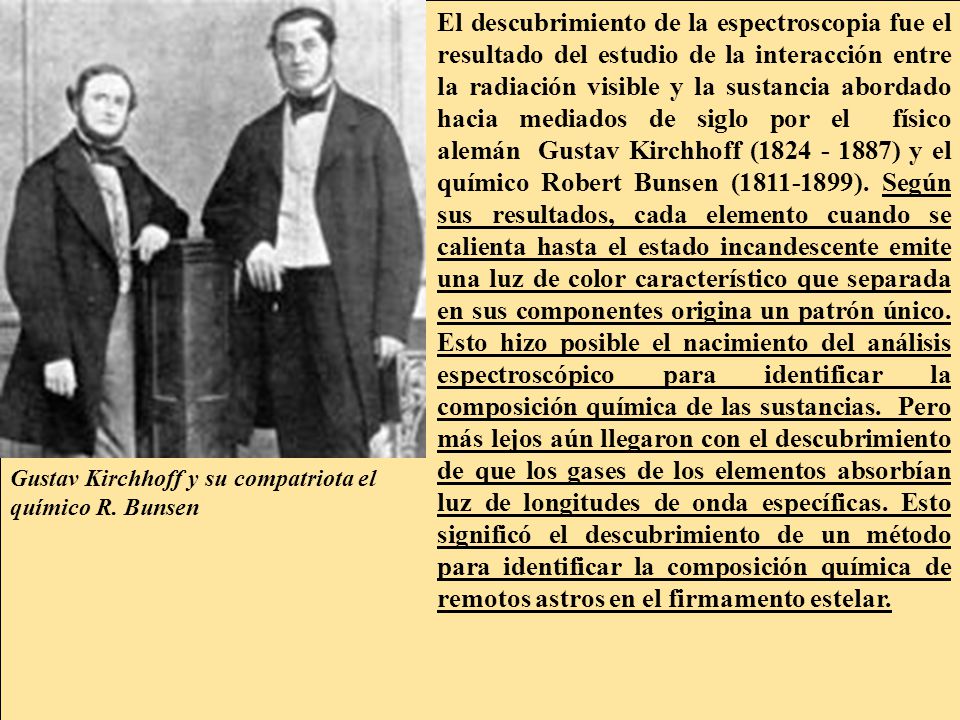 El descubrimiento de la espectroscopia fue el resultado del estudio de la interacción entre la radiación visible y la sustancia abordado hacia mediados de siglo por el físico alemán Gustav Kirchhoff ( ) y el químico Robert Bunsen ( ). Según sus resultados, cada elemento cuando se calienta hasta el estado incandescente emite una luz de color característico que separada en sus componentes origina un patrón único. Esto hizo posible el nacimiento del análisis espectroscópico para identificar la composición química de las sustancias. Pero más lejos aún llegaron con el descubrimiento de que los gases de los elementos absorbían luz de longitudes de onda específicas. Esto significó el descubrimiento de un método para identificar la composición química de remotos astros en el firmamento estelar.