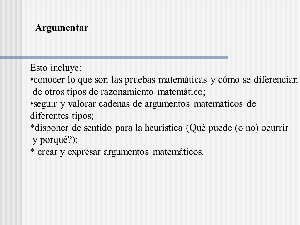 Argumentar Esto incluye: conocer lo que son las pruebas matemáticas y cómo se diferencian. de otros tipos de razonamiento matemático;