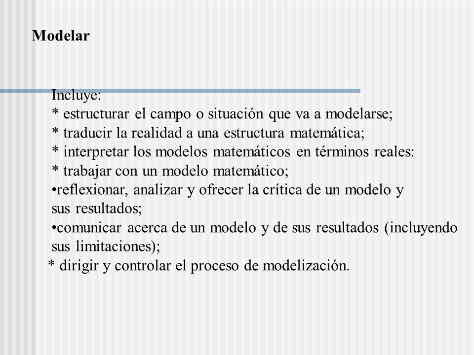 Modelar Incluye: * estructurar el campo o situación que va a modelarse; * traducir la realidad a una estructura matemática;