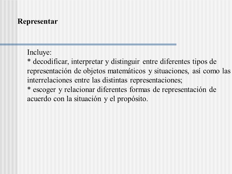 Representar Incluye: * decodificar, interpretar y distinguir entre diferentes tipos de.