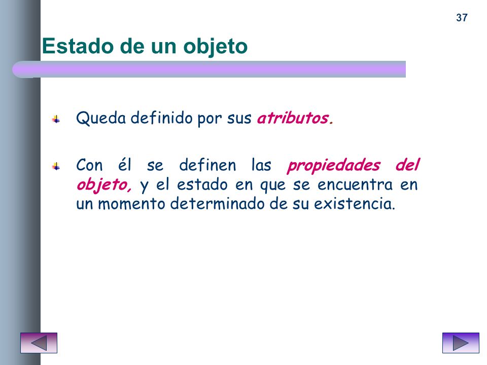 Estado de un objeto Queda definido por sus atributos.