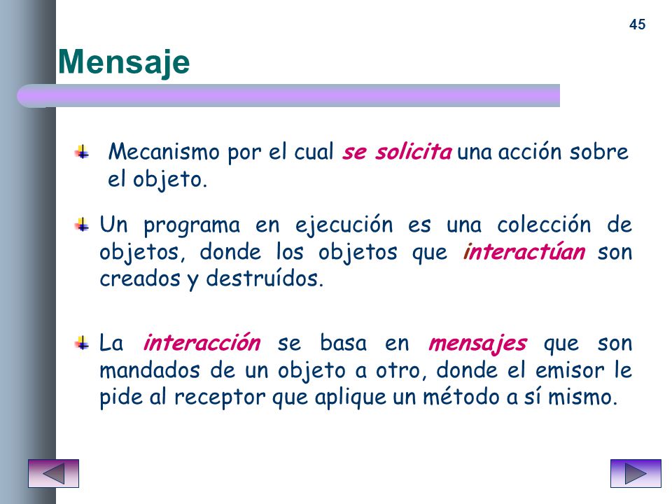 Mensaje Mecanismo por el cual se solicita una acción sobre el objeto.