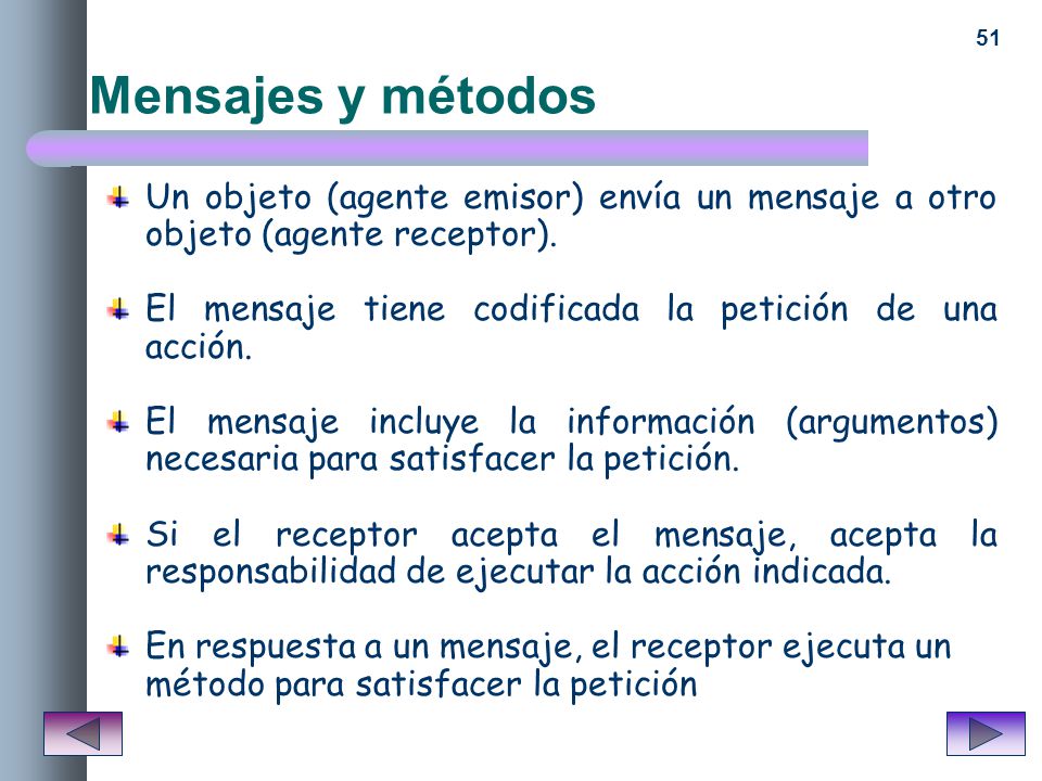 Mensajes y métodos Un objeto (agente emisor) envía un mensaje a otro objeto (agente receptor).