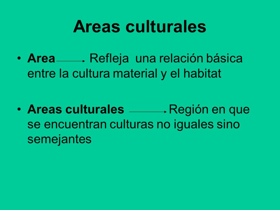 Areas culturales Area Refleja una relación básica entre la cultura material y el habitat.