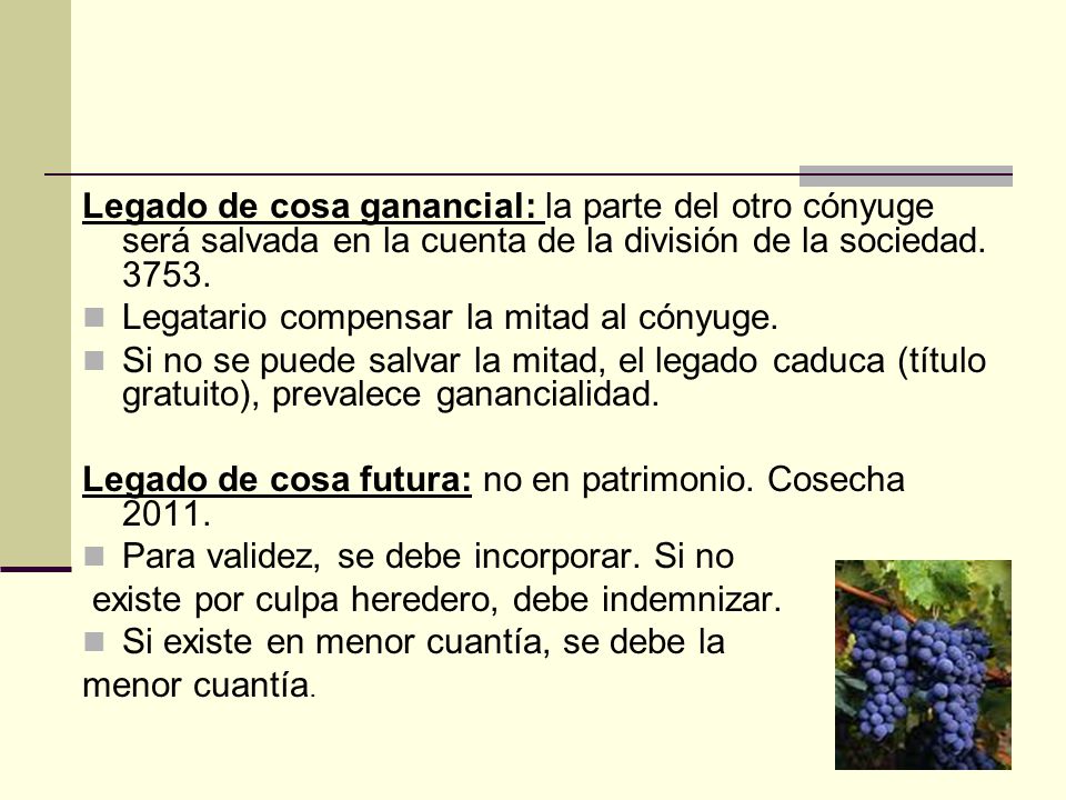 Legado de cosa ganancial: la parte del otro cónyuge será salvada en la cuenta de la división de la sociedad