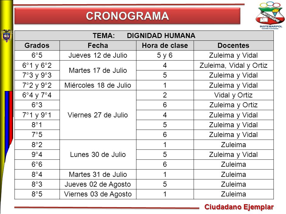 CRONOGRAMA TEMA: DIGNIDAD HUMANA Grados Fecha Hora de clase Docentes