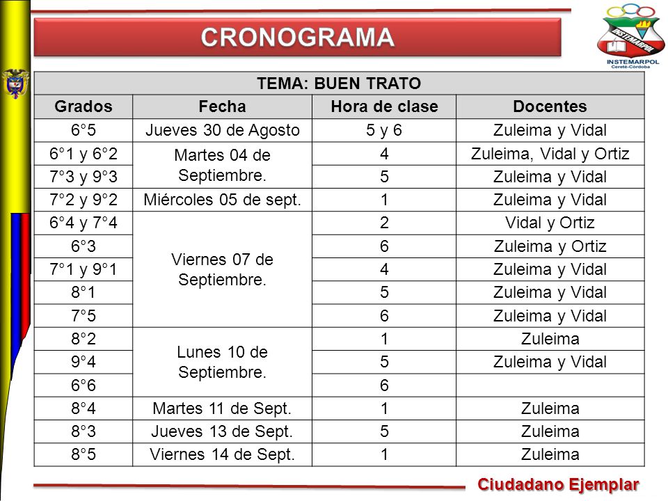 CRONOGRAMA TEMA: BUEN TRATO Grados Fecha Hora de clase Docentes 6°5