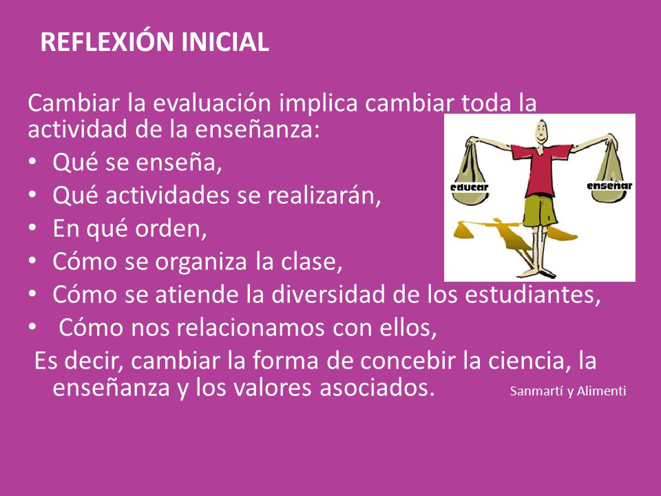REFLEXIÓN INICIAL Cambiar la evaluación implica cambiar toda la actividad de la enseñanza: Qué se enseña,