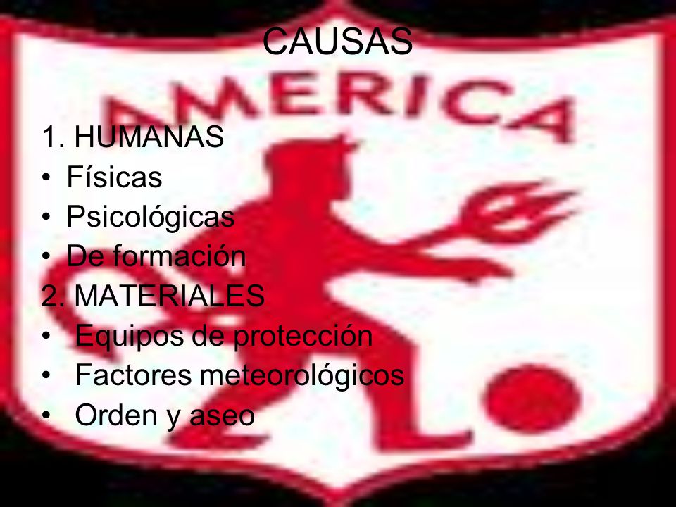 CAUSAS 1. HUMANAS Físicas Psicológicas De formación 2. MATERIALES