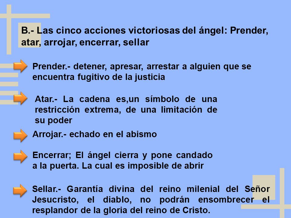 B.- Las cinco acciones victoriosas del ángel: Prender, atar, arrojar, encerrar, sellar