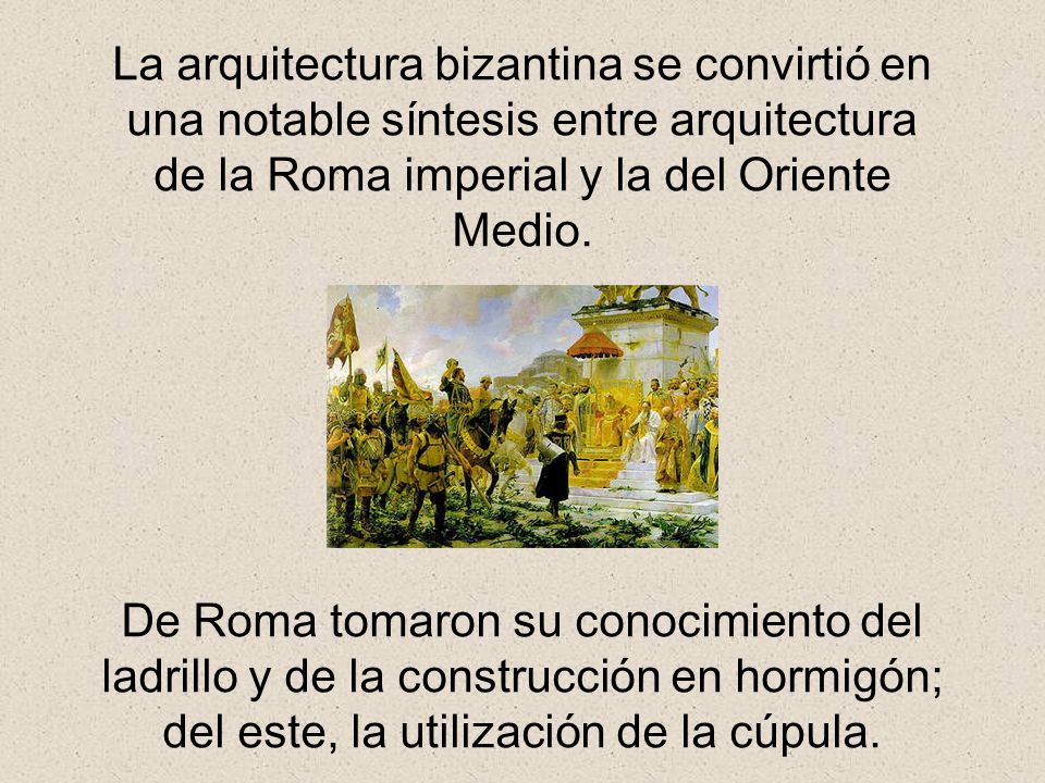 La arquitectura bizantina se convirtió en una notable síntesis entre arquitectura de la Roma imperial y la del Oriente Medio.