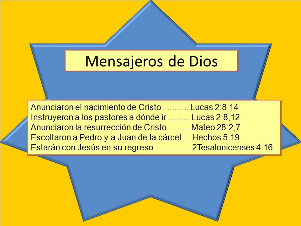 Mensajeros de Dios Anunciaron el nacimiento de Cristo Lucas 2:8,14. Instruyeron a los pastores a dónde ir Lucas 2:8,12.