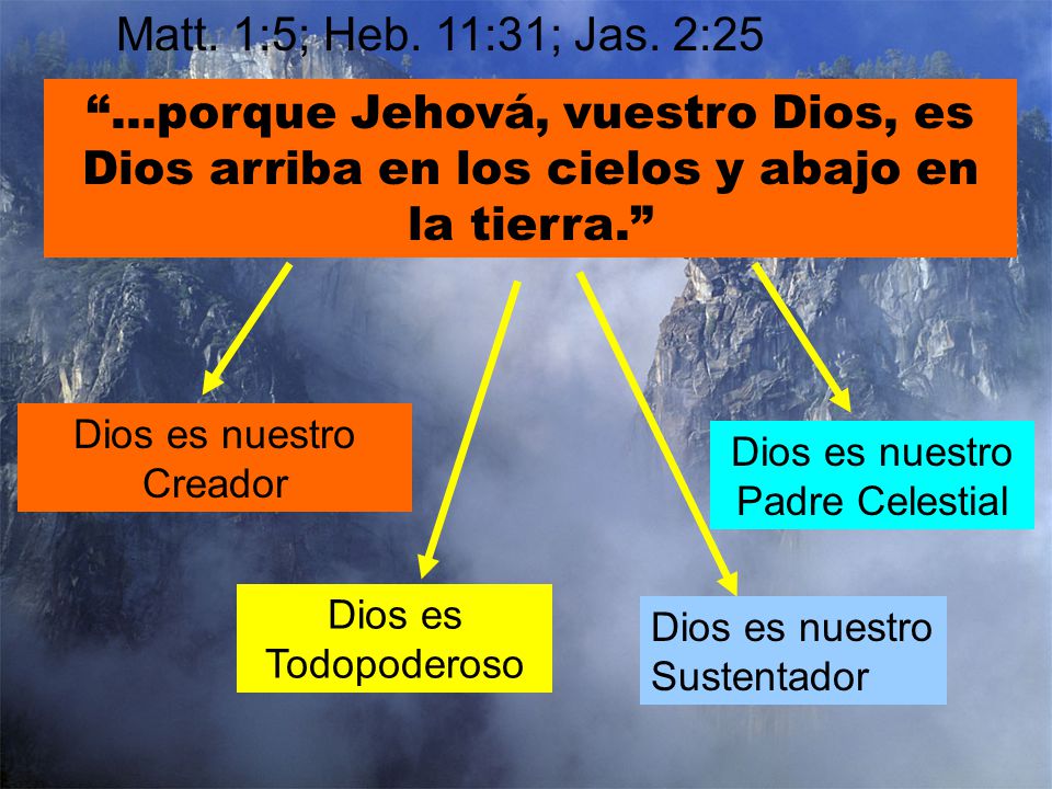 Matt. 1:5; Heb. 11:31; Jas. 2:25 ...porque Jehová, vuestro Dios, es Dios arriba en los cielos y abajo en la tierra.